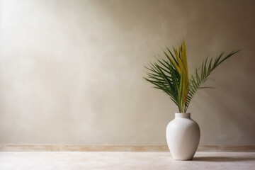 interior architecture sunlight design concrete tree home shadows decor palm wall vase. Generative AI.