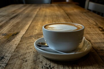 Close up of a fresh latte placed on a wooden tabletop
