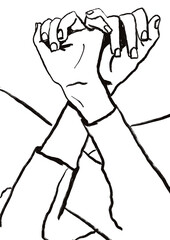 Deux mains de jeune femme qui se tiennent par le petit doigt tel une promesse. Illustration monochrome type linogravure 