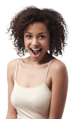 Excited, happy and portrait of woman with smile on isolated, png and transparent background. Success, happiness and omg face of female person with surprise, winning and wow reaction for announcement