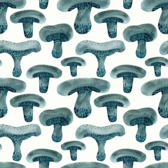 Watercolor abstract mushrooms, seamless pattern in gray tones.