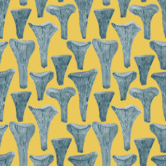 Gray mushrooms on a yellow background, abstract watercolor pattern.