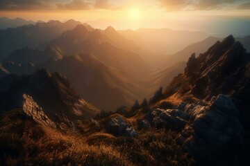 Fototapeta na wymiar Digital illustration of sunrise over mountains. Generative AI