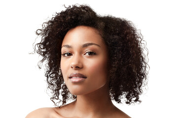 Skincare, beauty and portrait of a woman with natural hair care and confidence from skin glow. Dermatology, young face and female person with youth Isolated on a transparent, png background