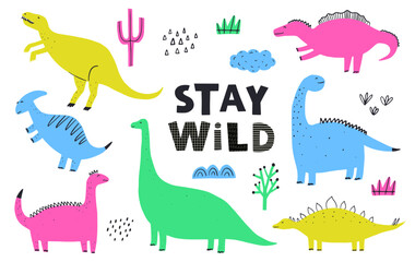 Cute colorful bright cartoon dinosaurs and doodle elements set isolated on white background. Vector illustration for kids