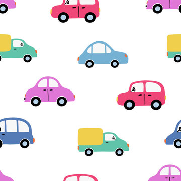 Seamless pattern with hand drawn cartoon cars. Childish style. Cute kids design for fabric, wrapping, textile, wallpaper, apparel etc. Vector illustration