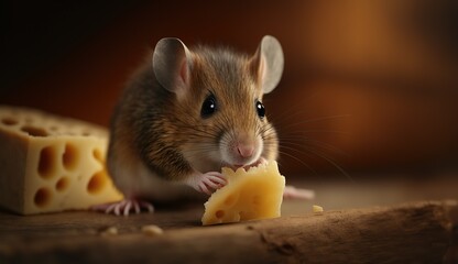 A captivating photo of a little brown mouse perched on a wedge of yellow cheese, generative Ai