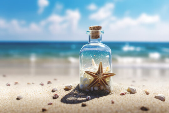 Tropical beach with bottle, seashells and starfish, generative ai