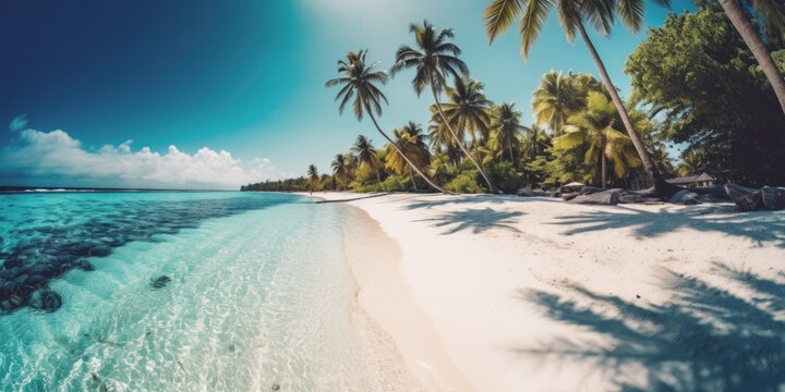 Beautiful sand beach with palm tree AI generative art