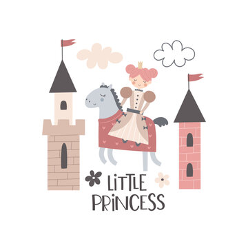Little princess. cartoon princess, castle, hand drawing lettering, decor elements. colorful vector illustration, flat style. design for cards, t-shirt print, poster