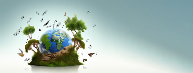 Harmony of nature, music notes around planet earth, environment day concept. Generative AI