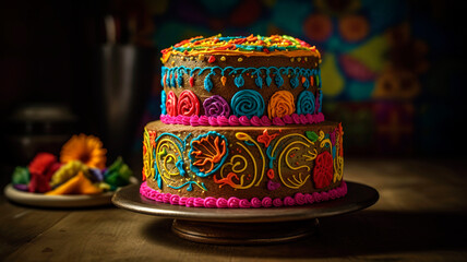 Fototapeta na wymiar Cinco de Mayo Fiesta Cake, A multi tiered cake adorned with festive elements.