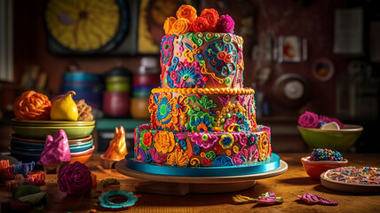 Fototapeta na wymiar Cinco de Mayo Fiesta Cake, A multi tiered cake adorned with festive elements.