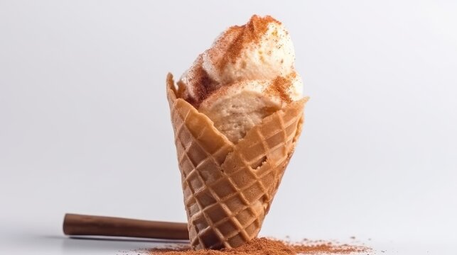 Cinnamon ice cream in a cone with cinnamon sugar topping on White Background with copy space for your text created with generative AI technology