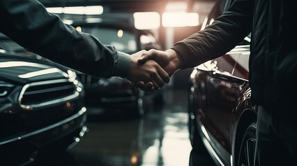 Naklejka na ściany i meble Two men shaking hands in a parking lot, car showroom. AI generated