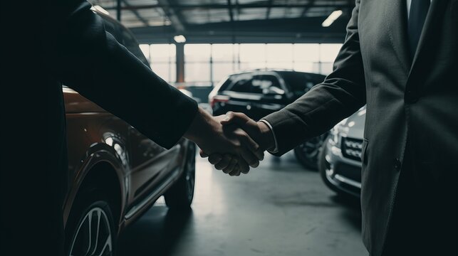 Two men shaking hands in a parking lot, car showroom. AI generated