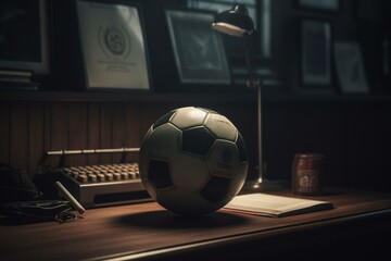 A desk with a football on it. Generative AI