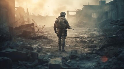 Soldier in action at the ruins of a military base. Concept of terrorism and war. AI generated