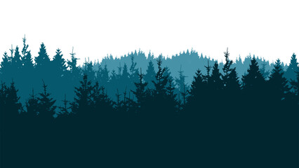 Forest blackforest woods vector illustration banner landscape panorama - Blue silhouette of spruce and fir trees, isolated on white background - obrazy, fototapety, plakaty