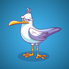 Seagull illustration. Cartoon style. Funny angry bird character isolated on blue background. Vector illustration