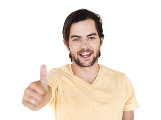 Fototapeta premium Winning portrait, thumbs up and man isolated on transparent, png background for thank you, support or like. Happy winner or young person with yes, agreement or ok sign or success and good luck emoji