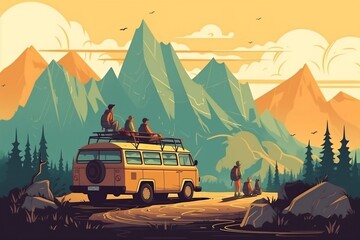 A friendly family in a cute minivan goes camping in the mountains, flat style image with elements of nature. generative AI - obrazy, fototapety, plakaty
