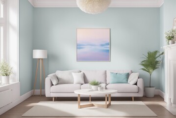 Interior mockup with picture frame on a Wall. Living room in pastel colors with sofa and painting on a wall 3D render.