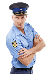 Portrait, serious and police man with arms crossed isolated on a transparent png background. Law enforcement, policeman and professional, confident cop or mature officer from Canada with job pride.