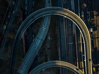 Aerial view over several intersecting highways on a sunny day in Bronx in New York