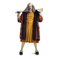 Man, king and lick sword in portrait, crazy and bloodlust for theatre production by transparent png background. Royal leader, monarch and isolated actor with crown, medieval fashion and taste blade