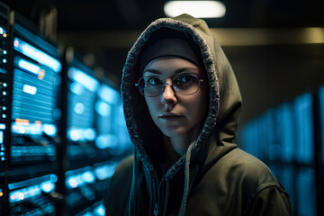 Young Female Hooded Hacker Standing In Front Of The Data Center Server Room. Cyber Security And Penetration Test Concept.