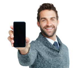 Phone, screen and portrait of business man on isolated, png and transparent background. Communication, networking and male worker with smartphone for mobile app, social media and website promotion