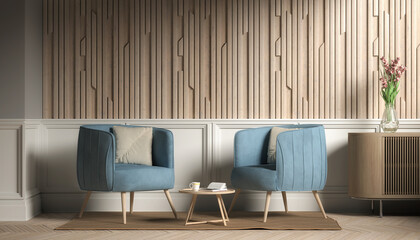 3d Illustration - Skandinavisches, nordisches Wohnzimmer mit zwei Stühlen und einem Tisch. - Textfreiraum - Platzhalter - obrazy, fototapety, plakaty