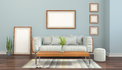 Illustration - Skandinavisches, nordisches Wohnzimmer mit einer Couch, Tisch und einem Teppich - leere Bilderrahmen - Textfreiraum - Platzhalter