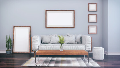 Fototapeta premium Illustration - Skandinavisches, nordisches Wohnzimmer mit einer Couch, Tisch und einem Teppich - leere Bilderrahmen - Textfreiraum - Platzhalter - Retro Look