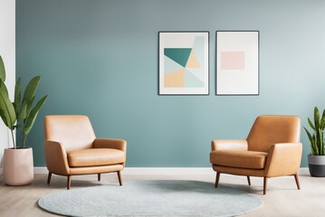 Interior mockup with picture frame on a Wall. Living room in pastel colors with sofa and painting on a wall 3D render.