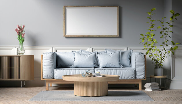 3d Illustration - Skandinavisches, nordisches Wohnzimmer mit einem Sofa und einem Tisch. - Textfreiraum - Platzhalter