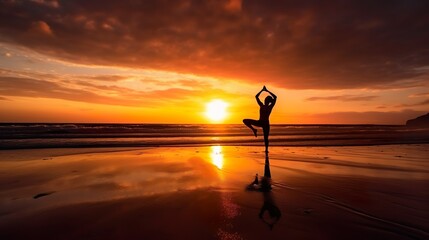 A striking photo of a silhouette of a woman doing a yoga pose, generative Ai