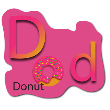 Letter D with image and word, letter D for preschool, colorfull cartoon letter alphabet, capital and small letter Dd, image donut