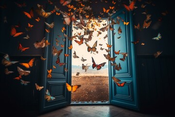 Obraz na płótnie Canvas Vibrant butterflies fly over open door against graphic backdrop. Generative AI