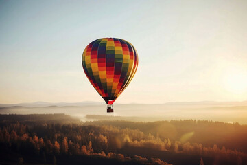 Colorful hot air balloon flying in the sky. illustration on blue background with copy space