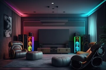 Luxurious home cinema, living room with colored LED lighting - Smart Home, with soft leather chairs, a large projection screen and a modern sound system. AI