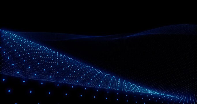 Animation of lined waving blue light balls isolated on the dark black background