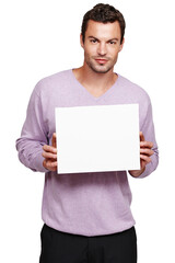 Man, portrait and blank poster for sign, opinion or branding on mock up space by transparent png background. Young male model, isolated or paper for billboard, vote or mockup for logo, brand or promo