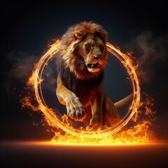 Lion jumping through a ring of fire