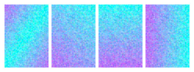 Set of four geometric pixelated mosaics of triangles, colored with iridescent gradients from light purple to cyan blue, with some randomisation. Creative coding design.