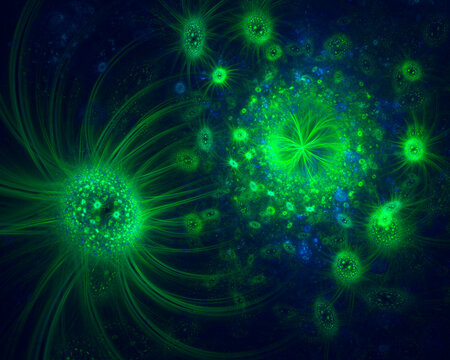 Abstract fractal art background, which perhaps suggests bioluminescent jellyfish, or microorganisms seen under a microscope.