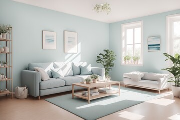 Naklejka na ściany i meble Interior mockup with picture frame on a Wall. Living room in pastel colors with sofa and painting on a wall 3D render.