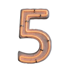 Concrete neon light Number 5 on transparent background, PNG file