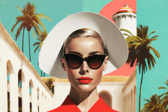 Stylish elegant fashion woman wth red lips and trendy sunglasses. Retro style portrait. Generative AI